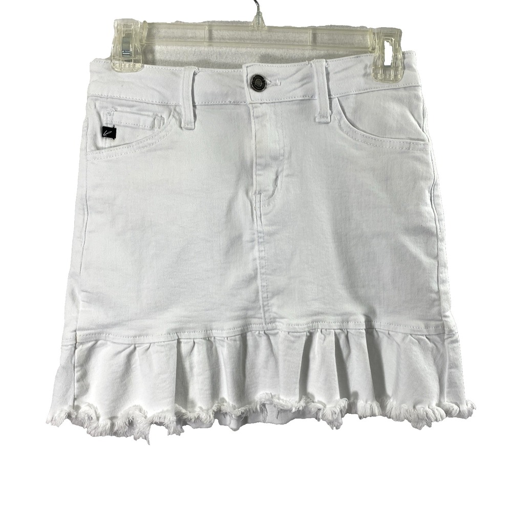 Kancan White Denim Skirt Womens S Mini Raw Hem‎ Ruffle Pockets Beach Coastal